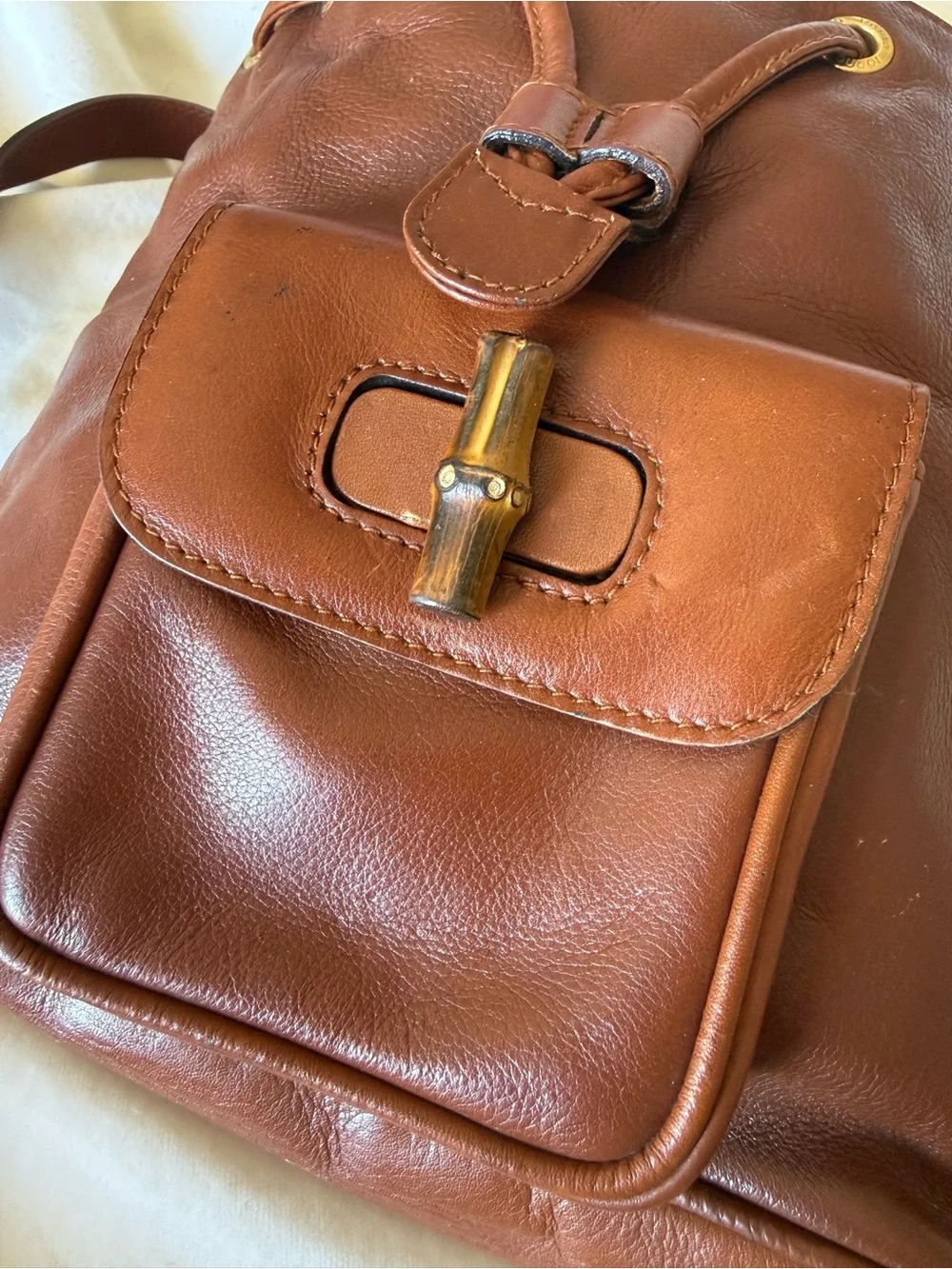GUCCI leather backpack with gold and bamboo handle
